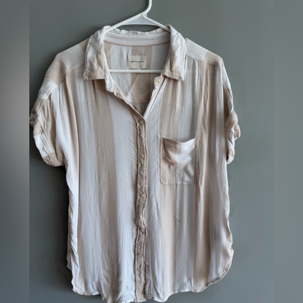 American Eagle Outfitters Beige and Cream Vertical Stripe Button-Down Shirt